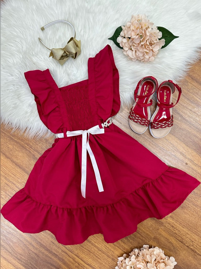 Vestido infantil rojo de lujo con perlas para damas de honor