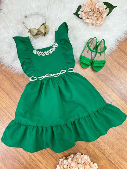 Vestido infantil verde de lujo con perlas para damas de honor