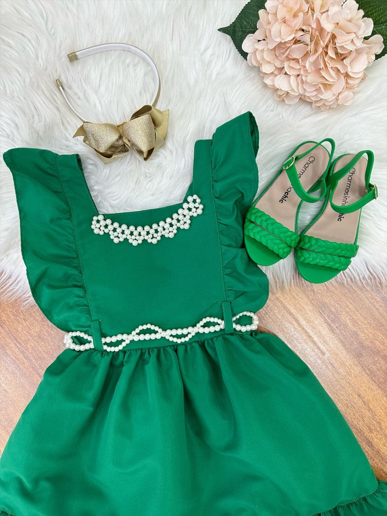 Vestido infantil verde de lujo con perlas para damas de honor