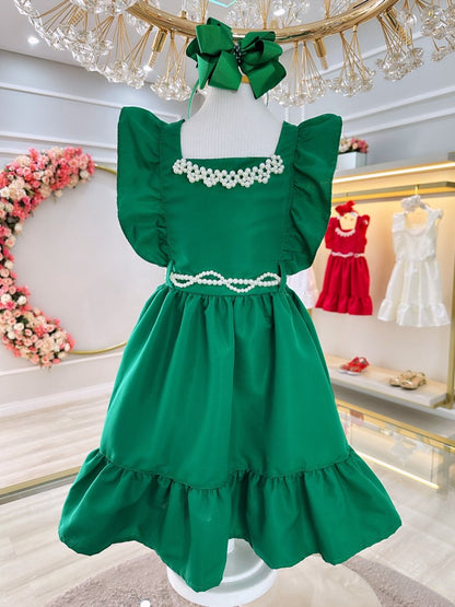Vestido infantil verde de lujo con perlas para damas de honor