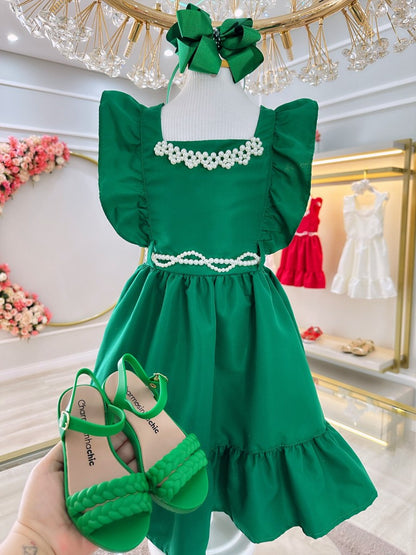 Vestido infantil verde de lujo con perlas para damas de honor