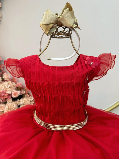 Vestido infantil rojo con busto plisado y falda de organza para fiestas