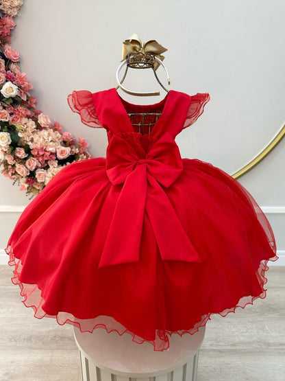 Vestido infantil rojo con busto plisado y falda de organza para fiestas