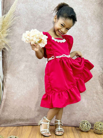 Vestido infantil rojo de lujo con perlas para damas de honor