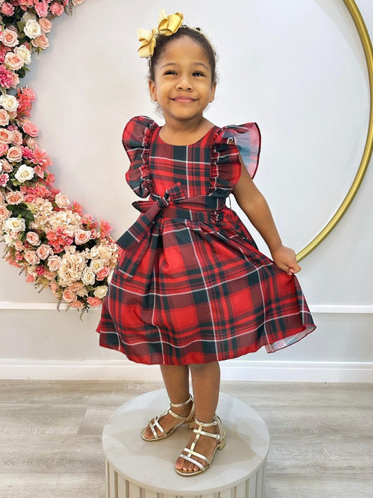 Vestido de fiesta infantil de tartán rojo de lujo