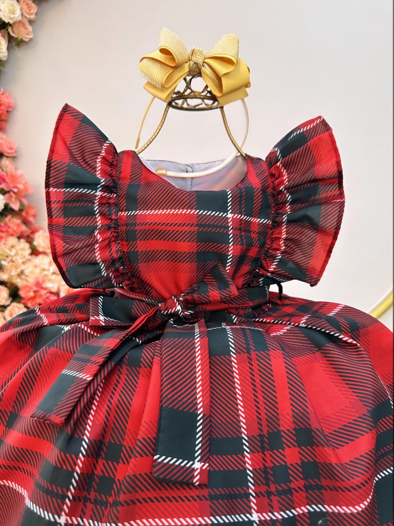 Vestido de fiesta infantil de tartán rojo de lujo