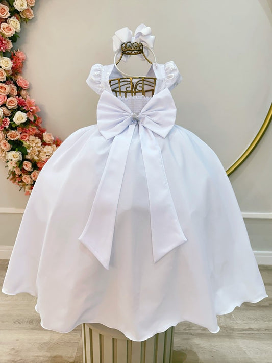 Vestido Infantil Longo Branco Busto C/ Renda Casamentos Luxo