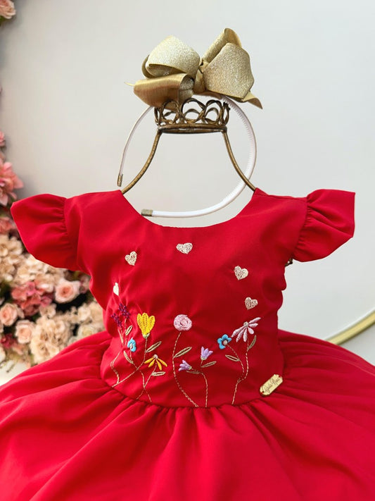Vestido Infantil Rojo con Busto y Bordado de Fiesta de Lujo