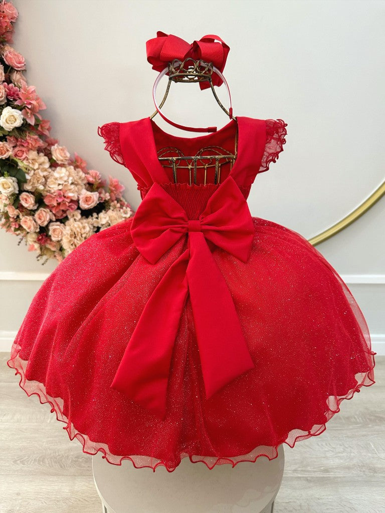 Vestido Infantil Vermelho Busto Plissado Saia Organza Glitter