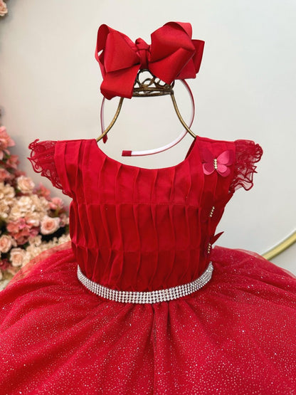Vestido Infantil Vermelho Busto Plissado Saia Organza Glitter