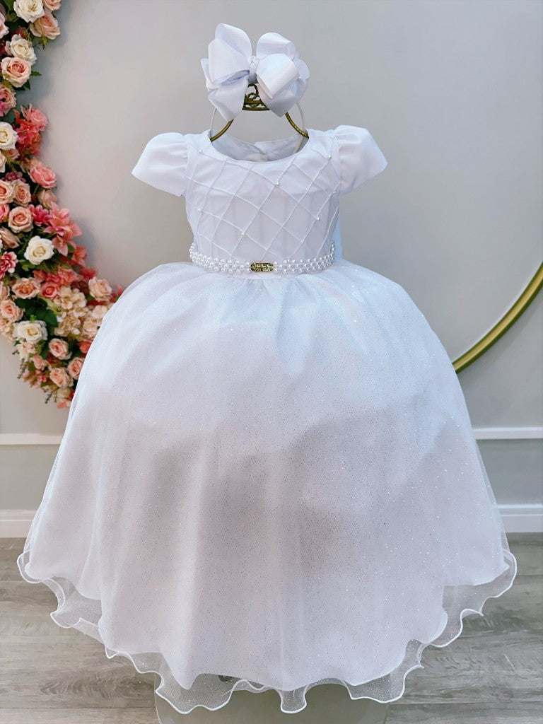Vestido largo blanco infantil con busto acanalado para fiestas de damas de honor