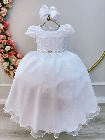 Vestido largo blanco infantil con busto acanalado para fiestas de damas de honor