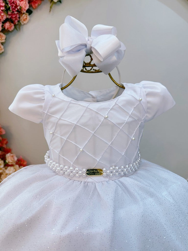 Vestido largo blanco infantil con busto acanalado para fiestas de damas de honor