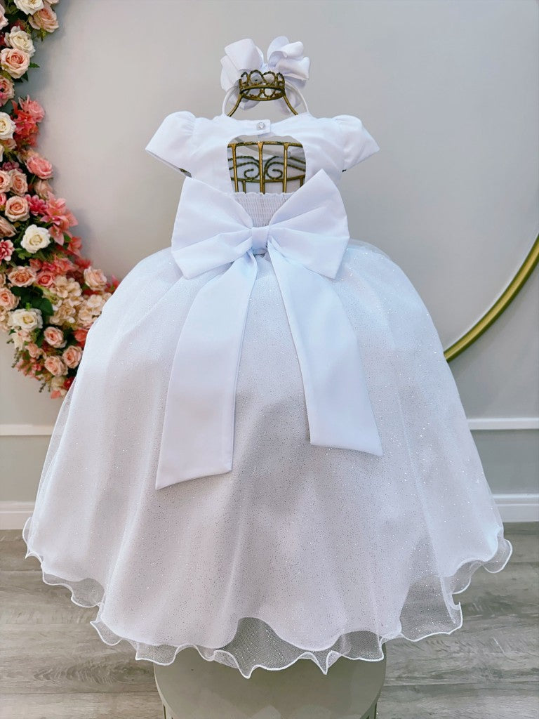 Vestido largo blanco infantil con busto acanalado para fiestas de damas de honor