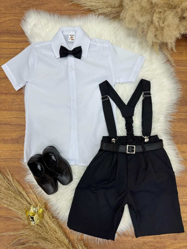Conjunto formal: camisa, tirantes, corbata y pantalón corto negro