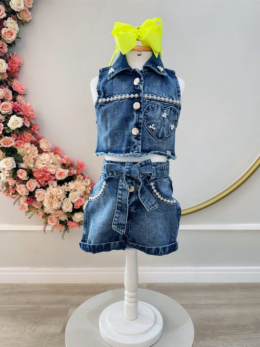 Conjunto Infantil Chaqueta y Pantalón Corto Vaquero Azul Casual Boiadeira