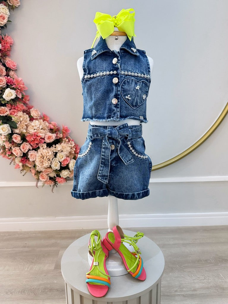 Conjunto Infantil Chaqueta y Pantalón Corto Vaquero Azul Casual Boiadeira