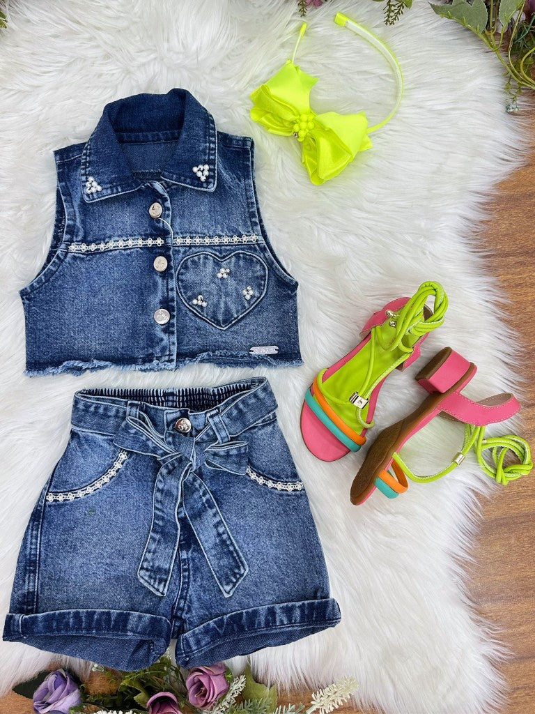 Conjunto Infantil Chaqueta y Pantalón Corto Vaquero Azul Casual Boiadeira
