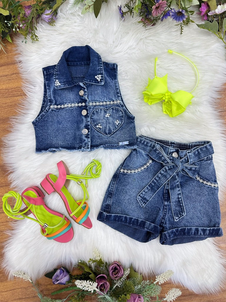 Conjunto Infantil Chaqueta y Pantalón Corto Vaquero Azul Casual Boiadeira