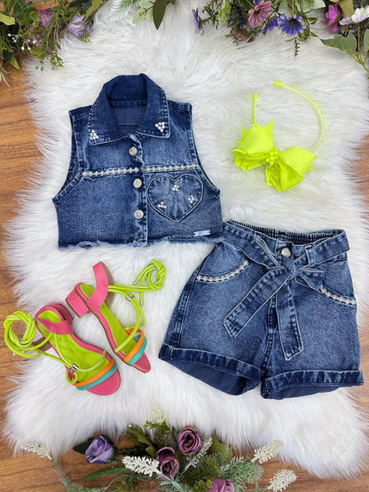 Conjunto Infantil Chaqueta y Pantalón Corto Vaquero Azul Casual Boiadeira