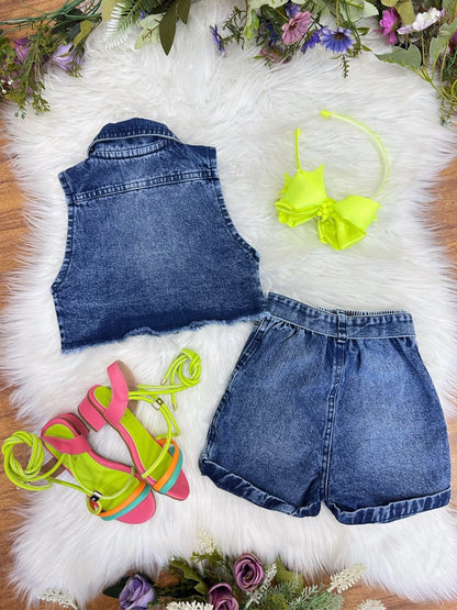 Conjunto Infantil Chaqueta y Pantalón Corto Vaquero Azul Casual Boiadeira