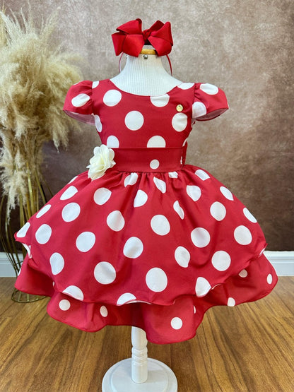 Vestido infantil rojo con broche de flores para fiestas 