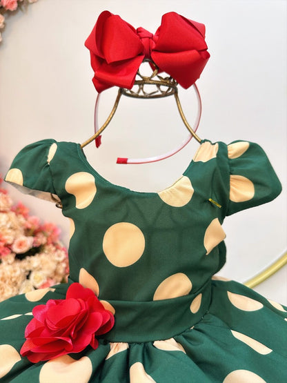 Vestido infantil verde militar con broche de flores para fiestas 