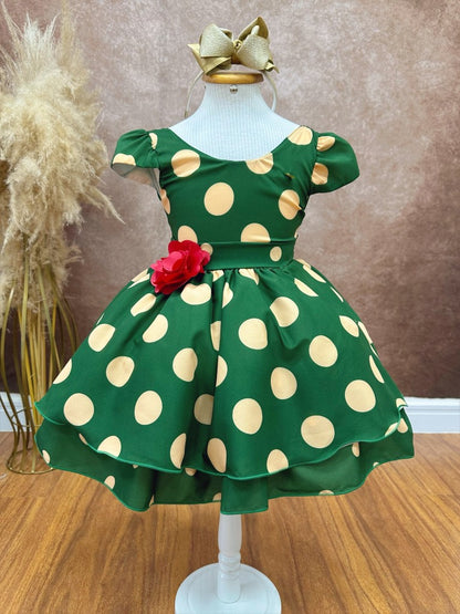 Vestido infantil verde militar con broche de flores para fiestas 