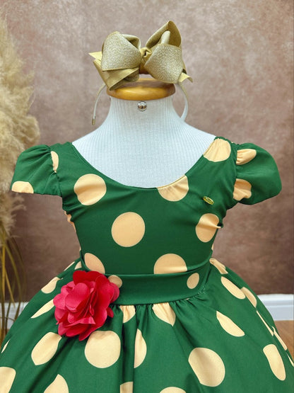 Vestido infantil verde militar con broche de flores para fiestas 
