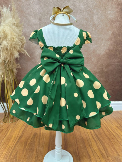 Vestido infantil verde militar con broche de flores para fiestas 