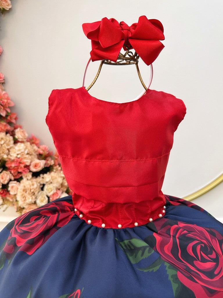 Vestido Infantil Vermelho Saia Florida Busto Plissado Festas