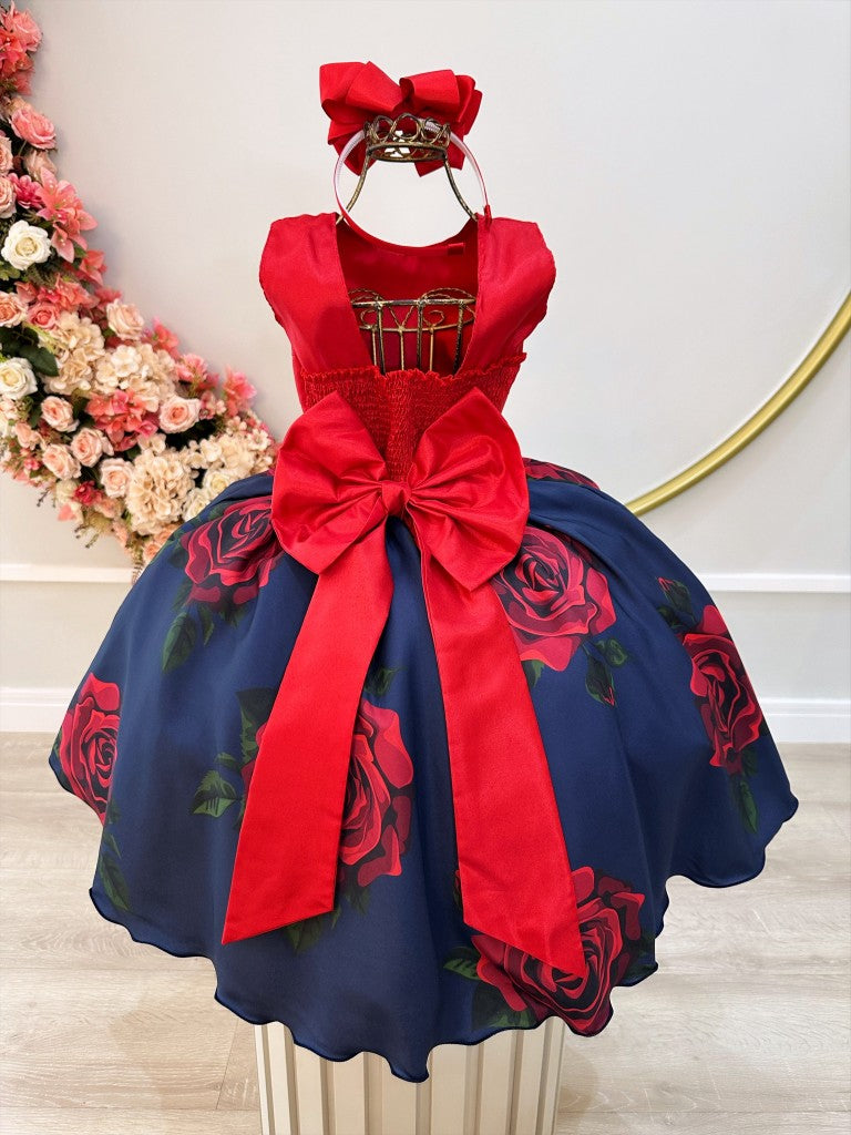 Vestido Infantil Vermelho Saia Florida Busto Plissado Festas