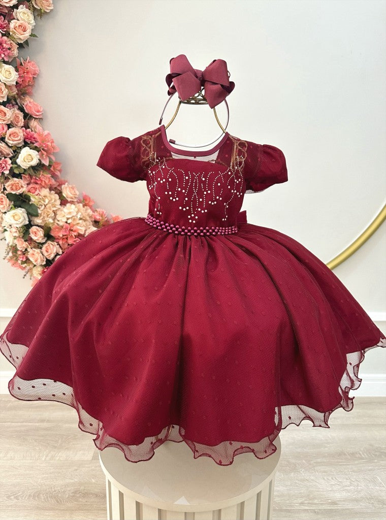 Vestido infantil Marsala con tul palomitas de maíz de lujo y perlas