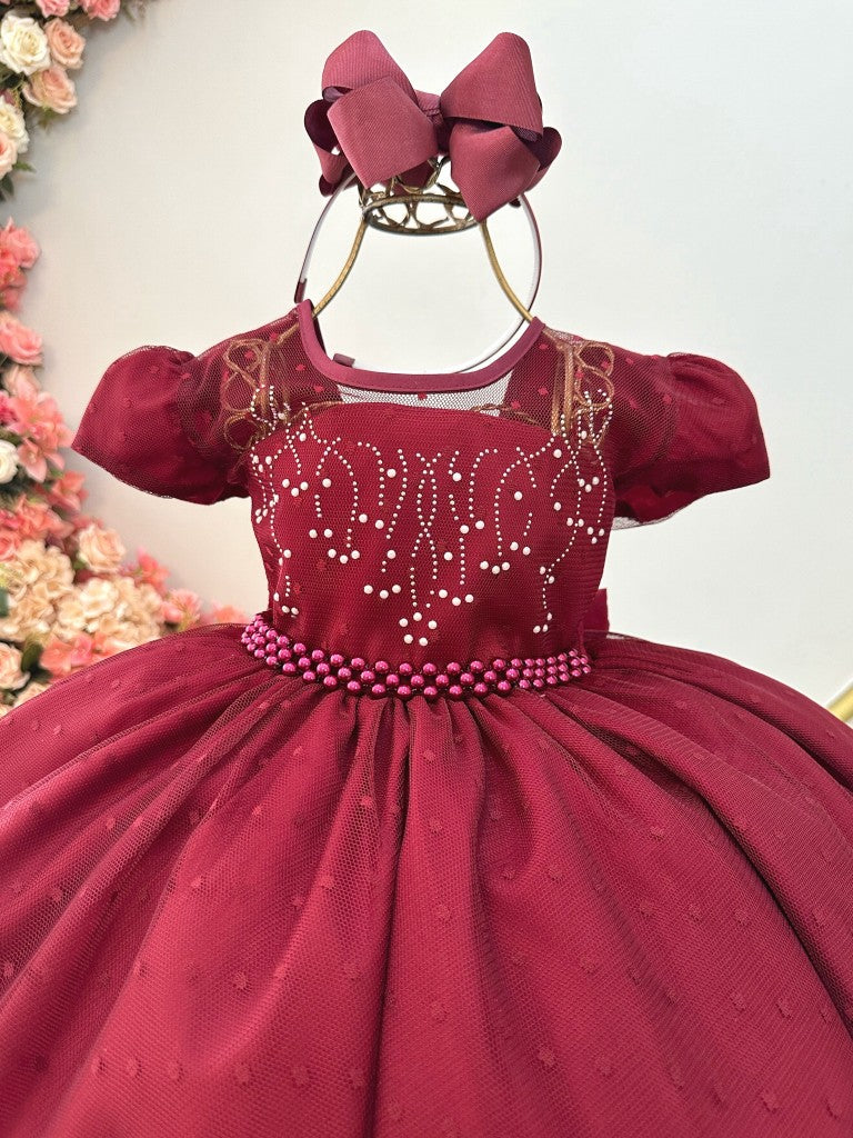 Vestido infantil Marsala con tul palomitas de maíz de lujo y perlas