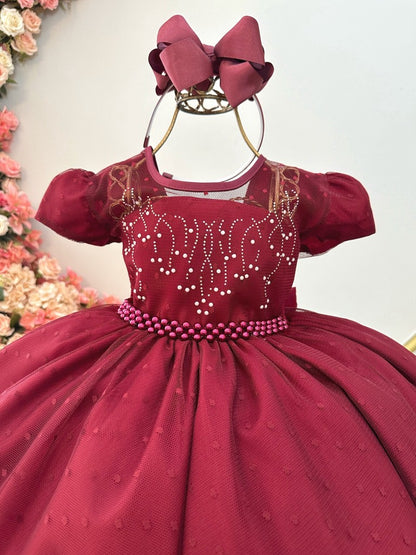 Vestido infantil Marsala con tul palomitas de maíz de lujo y perlas