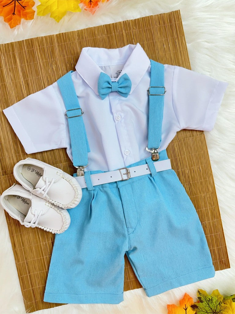 Conjunto infantil: Camisa blanca con short con tirantes y corbata azul 
