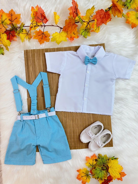 Conjunto infantil: Camisa blanca con short con tirantes y corbata azul 