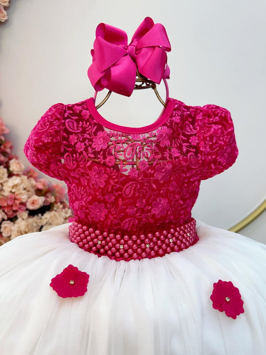Vestido infantil rosa con falda de busto descubierto y encaje para fiesta de boda