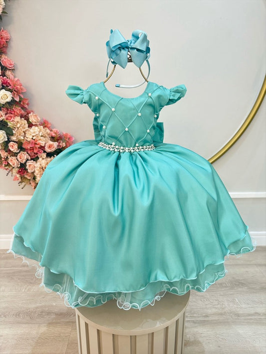 Vestido infantil verde con busto acanalado de lujo para fiestas de damas de honor