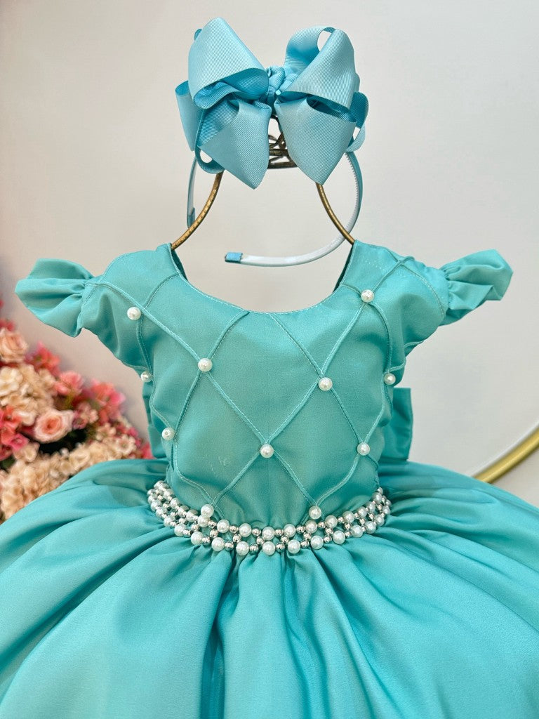 Vestido infantil verde con busto acanalado de lujo para fiestas de damas de honor