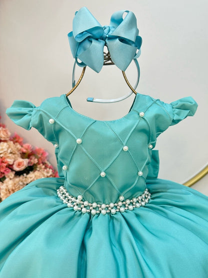 Vestido infantil verde con busto acanalado de lujo para fiestas de damas de honor