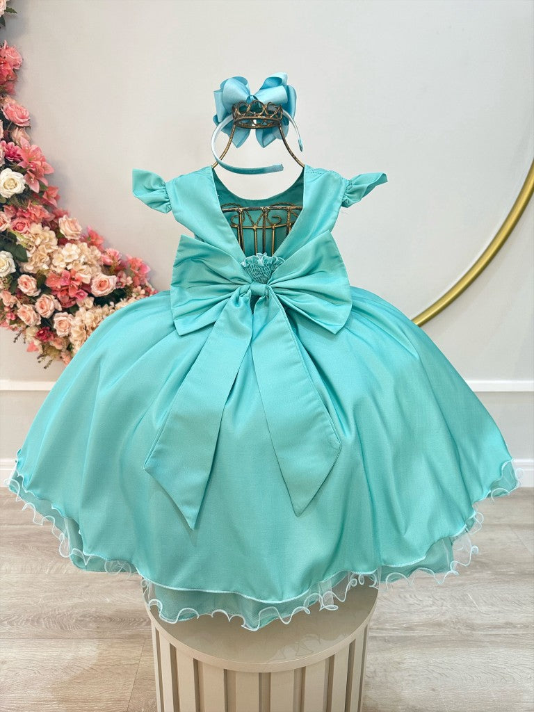 Vestido infantil verde con busto acanalado de lujo para fiestas de damas de honor