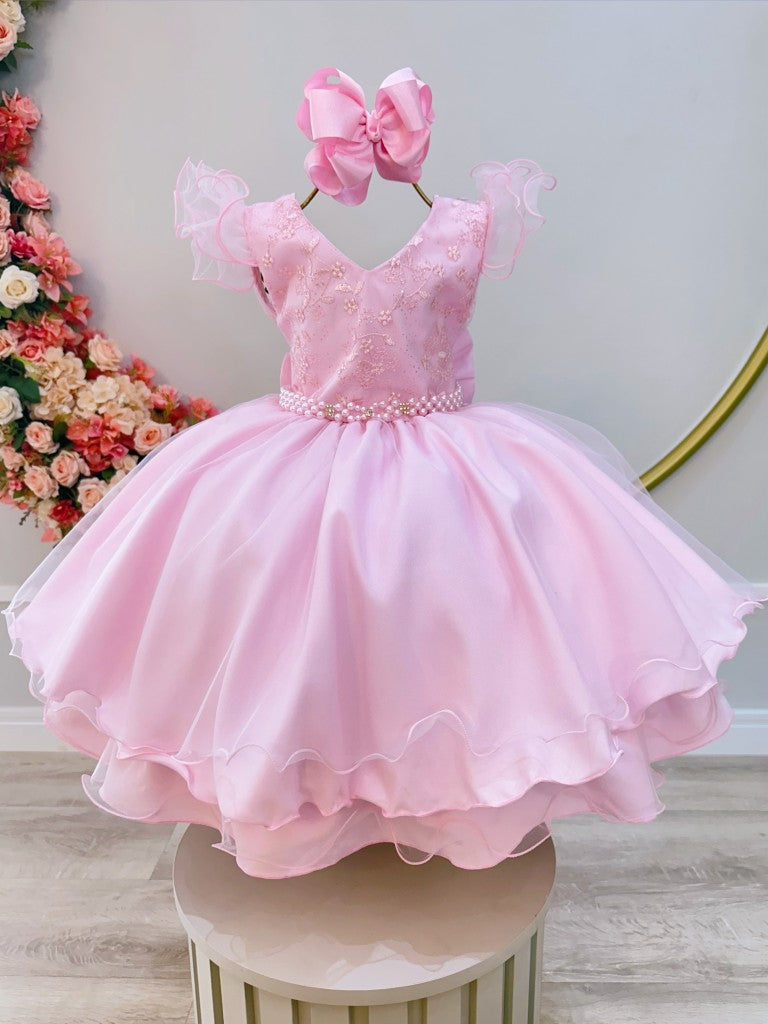 Vestido infantil rosa claro con encaje de lujo para fiestas de damas de honor