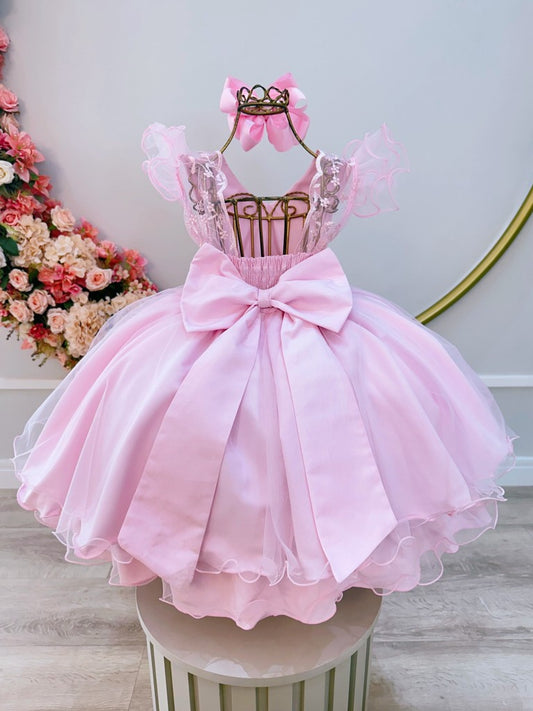 Vestido infantil rosa claro con encaje de lujo para fiestas de damas de honor