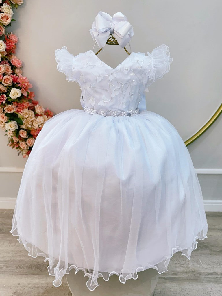 Vestido largo blanco infantil con apliques para fiestas de damas de honor