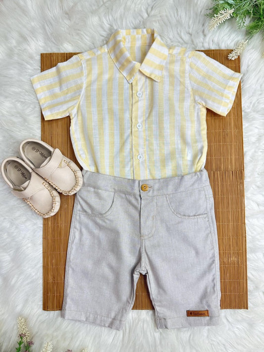 Conjunto Meninos Camisa Listrada Amarela Bermuda Bege Casual