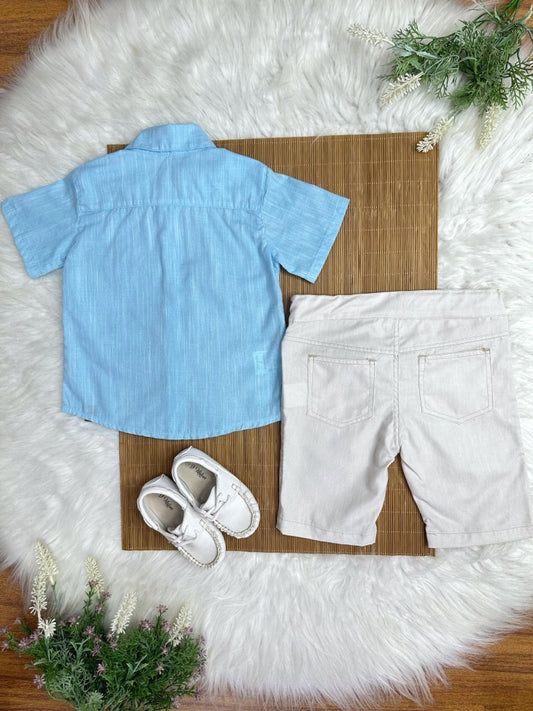 Conjunto Meninos Camisa Azul Mescla Bermuda Bege Casual