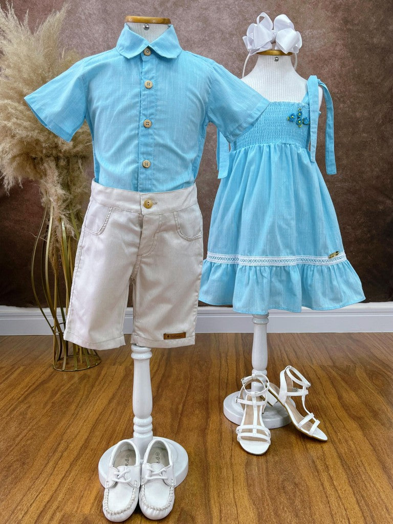 Conjunto para niño: Camisa azul, bermuda beige informal