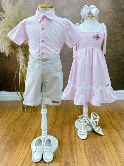 Conjunto para niño: Camisa rosa, bermuda beige informal