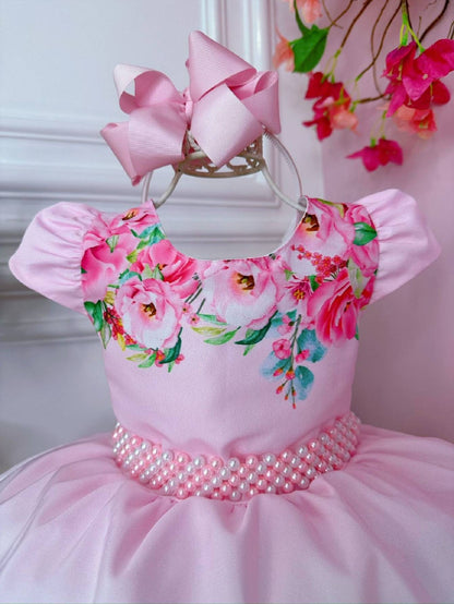Vestido floral rosa bebé con cinturón de perlas de lujo